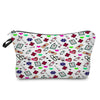 A patterned cosmetic storage pouch featuring various medical symbols like hearts crosses and stethoscopes.