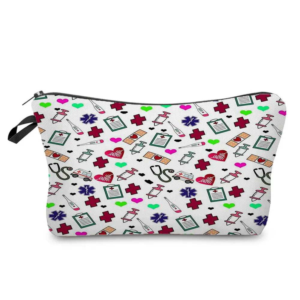 A patterned cosmetic storage pouch featuring various medical symbols like hearts crosses and stethoscopes.