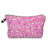 Pink patterned cosmetic storage pouch featuring various medical and heart-shaped motifs