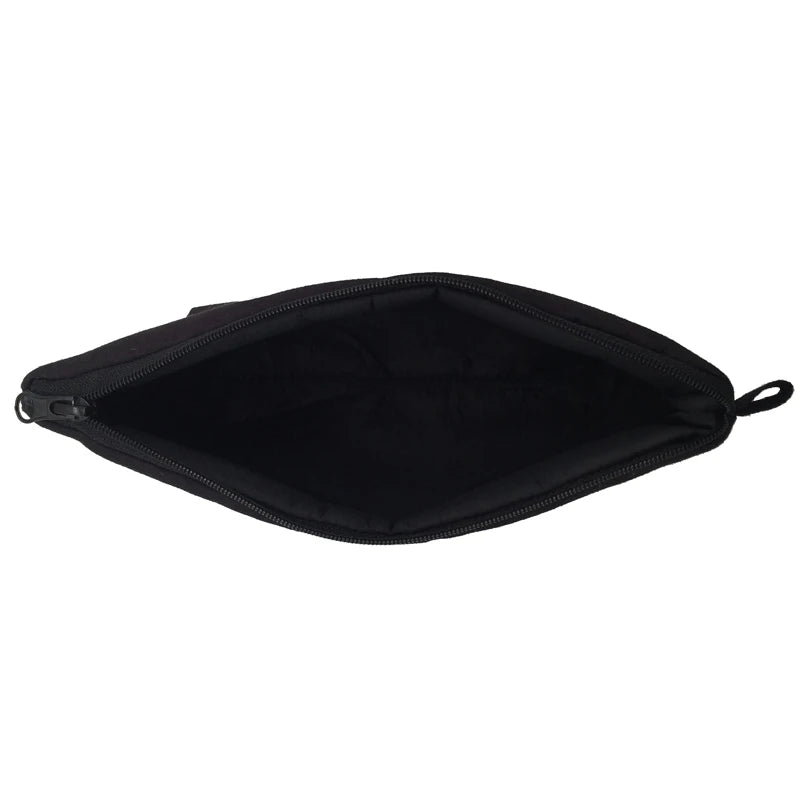 Black zippered cosmetic storage pouch for makeup and travel