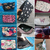 A collection of patterned cosmetic storage pouches and makeup bags featuring floral, animal print, and botanical designs.