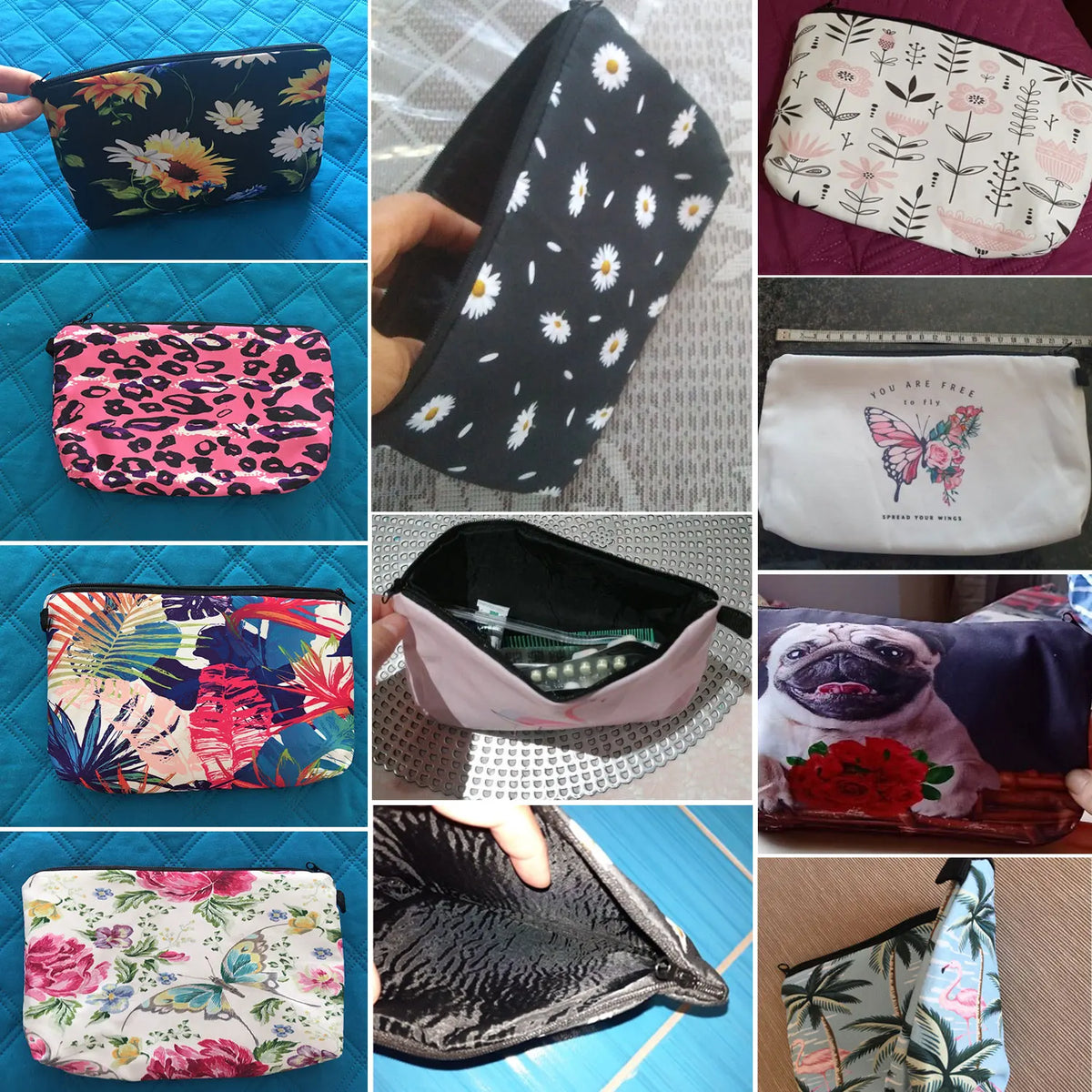 A collection of patterned cosmetic storage pouches and makeup bags featuring floral, animal print, and botanical designs.