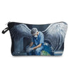 A black pouch featuring a detailed angel wing design on the cover.