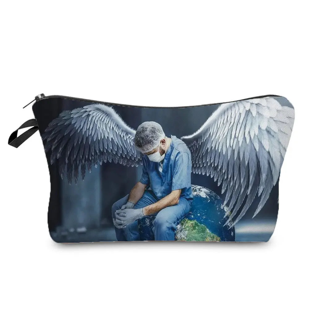 A black pouch featuring a detailed angel wing design on the cover.