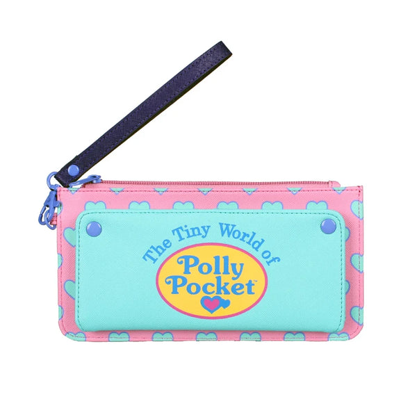 A pink and teal fold wallet featuring a Polly Pocket design with a purple strap.
