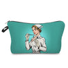 A teal cosmetic storage pouch featuring an illustration of a woman in a white cap and shirt.