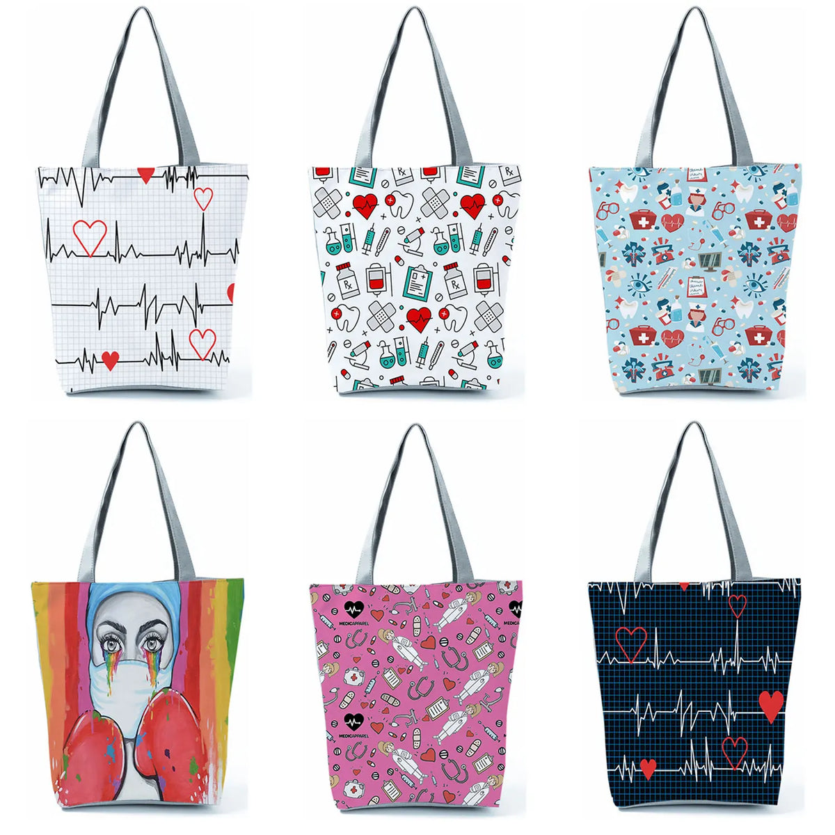 A set of six patterned cosmetic storage pouches featuring medical and heart motifs on a white background.