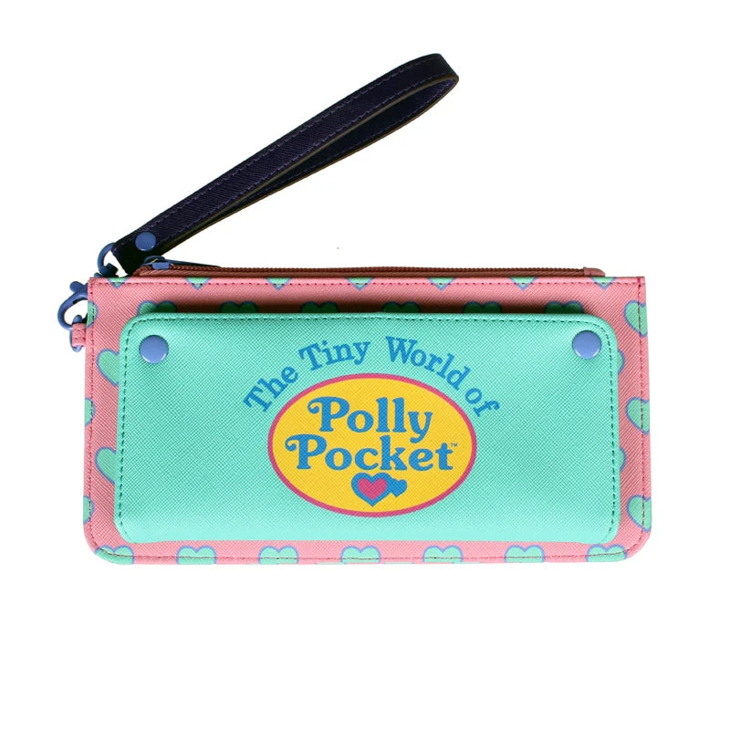 A pink and green fold wallet featuring a Polly Pocket design with a heart emblem.