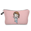 A pink cosmetic storage pouch with a hand-drawn illustration of a girl in a light jacket.