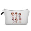 A white cosmetic storage pouch featuring illustrations of several young girls.