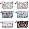 A collection of patterned cosmetic storage pouches featuring various designs and themes for makeup and travel.