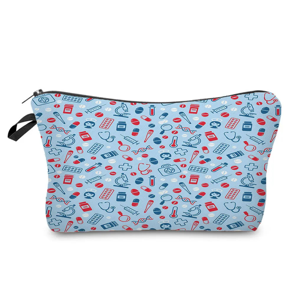A blue patterned cosmetic storage pouch featuring various medical and beauty icons for makeup and travel.