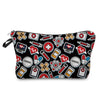 A black patterned cosmetic storage pouch featuring various medical and scientific symbols like a heart, cross, and atom.