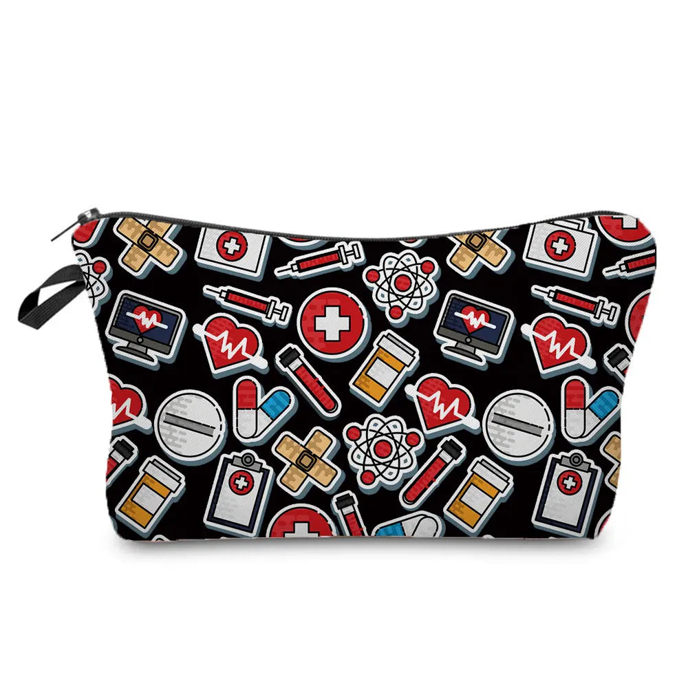 A black patterned cosmetic storage pouch featuring various medical and scientific symbols like a heart, cross, and atom.
