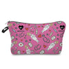 A pink patterned cosmetic storage pouch with a zipper, featuring medical and heart motifs.