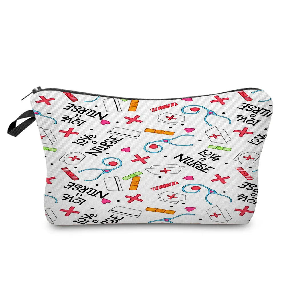 A patterned cosmetic storage pouch featuring a repeating design of medical symbols and the word nurse
