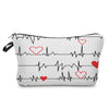 A white cosmetic storage pouch featuring a black heartbeat line design with red heart accents.