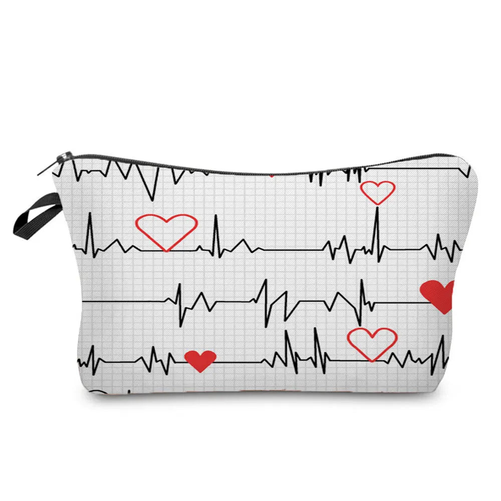 A white cosmetic storage pouch featuring a black heartbeat line design with red heart accents.