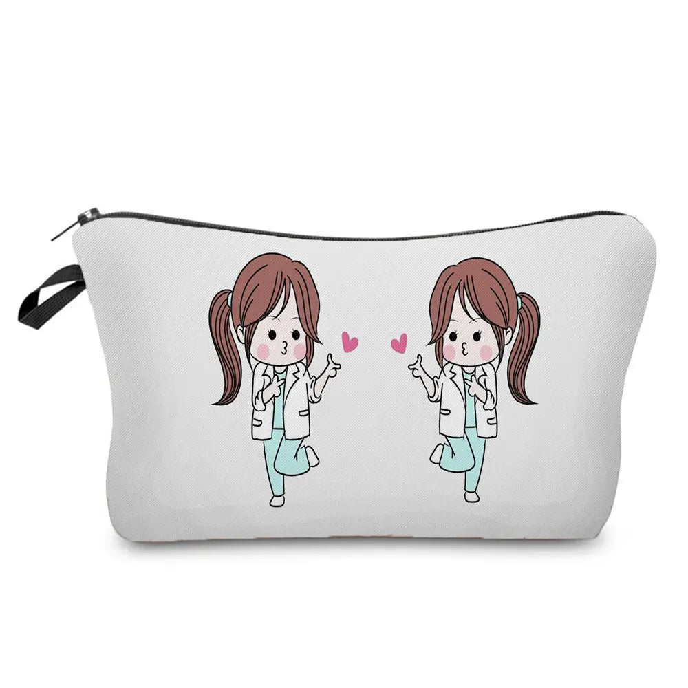 A white zippered pouch featuring two cute cartoon girls in medical coats and pink hearts.