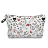 A patterned cosmetic storage pouch featuring various medical symbols and heart designs for makeup and travel.