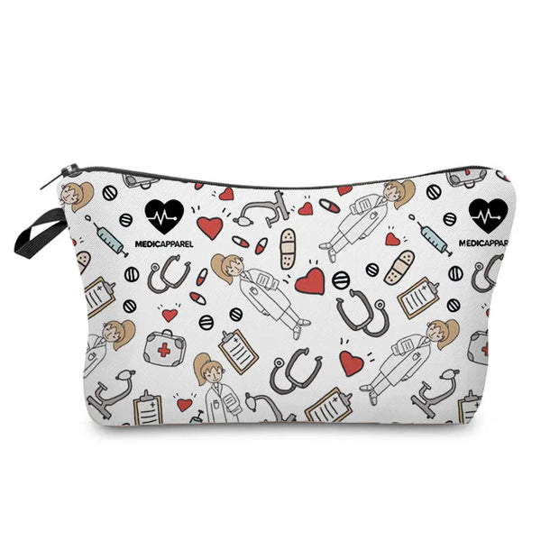 A patterned cosmetic storage pouch featuring various medical symbols and heart designs for makeup and travel.