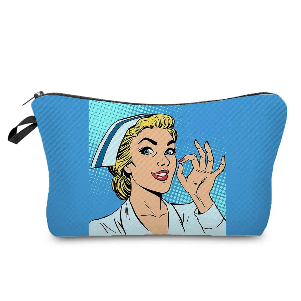 A blue cosmetic storage pouch featuring a graphic of a woman with blonde hair and a blue headband.