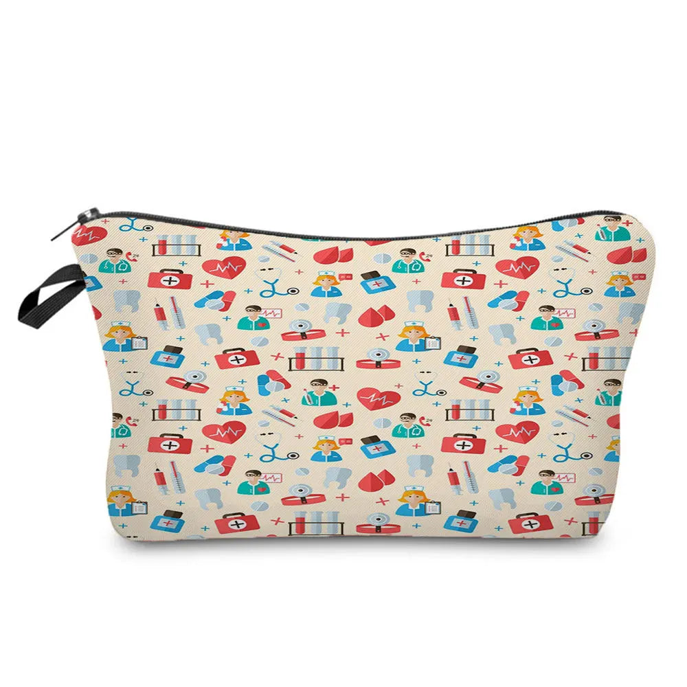 A patterned cosmetic storage pouch featuring various medical and health-related icons on a light background.