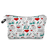 A patterned cosmetic storage pouch featuring various medical and beauty icons like hearts teeth and syringes.
