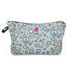 A patterned cosmetic storage pouch featuring illustrations of doctors and medical items on a light blue background.