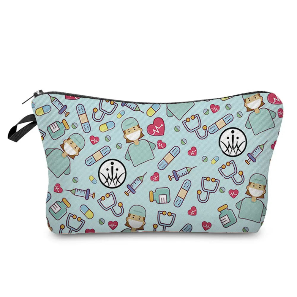 A patterned cosmetic storage pouch featuring illustrations of doctors and medical items on a light blue background.