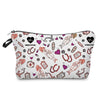 A patterned cosmetic storage pouch with a zipper, featuring various medical and health-related icons.
