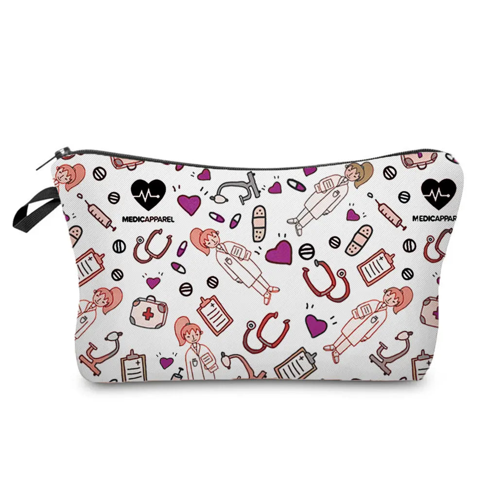 A patterned cosmetic storage pouch with a zipper, featuring various medical and health-related icons.