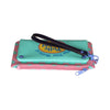 A fold wallet in a teal color with a polka dot pattern and a black strap.