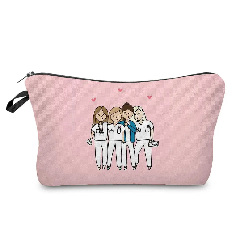 A pink cosmetic storage pouch featuring a line drawing of three women.