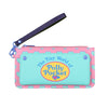 A pink and teal fold wallet featuring a cartoon pattern and a purple strap.