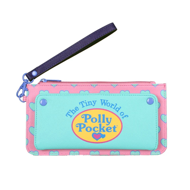 A pink and teal fold wallet featuring a cartoon pattern and a purple strap.
