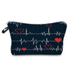 A dark blue patterned cosmetic storage pouch featuring a red heartbeat line design on a grid background.