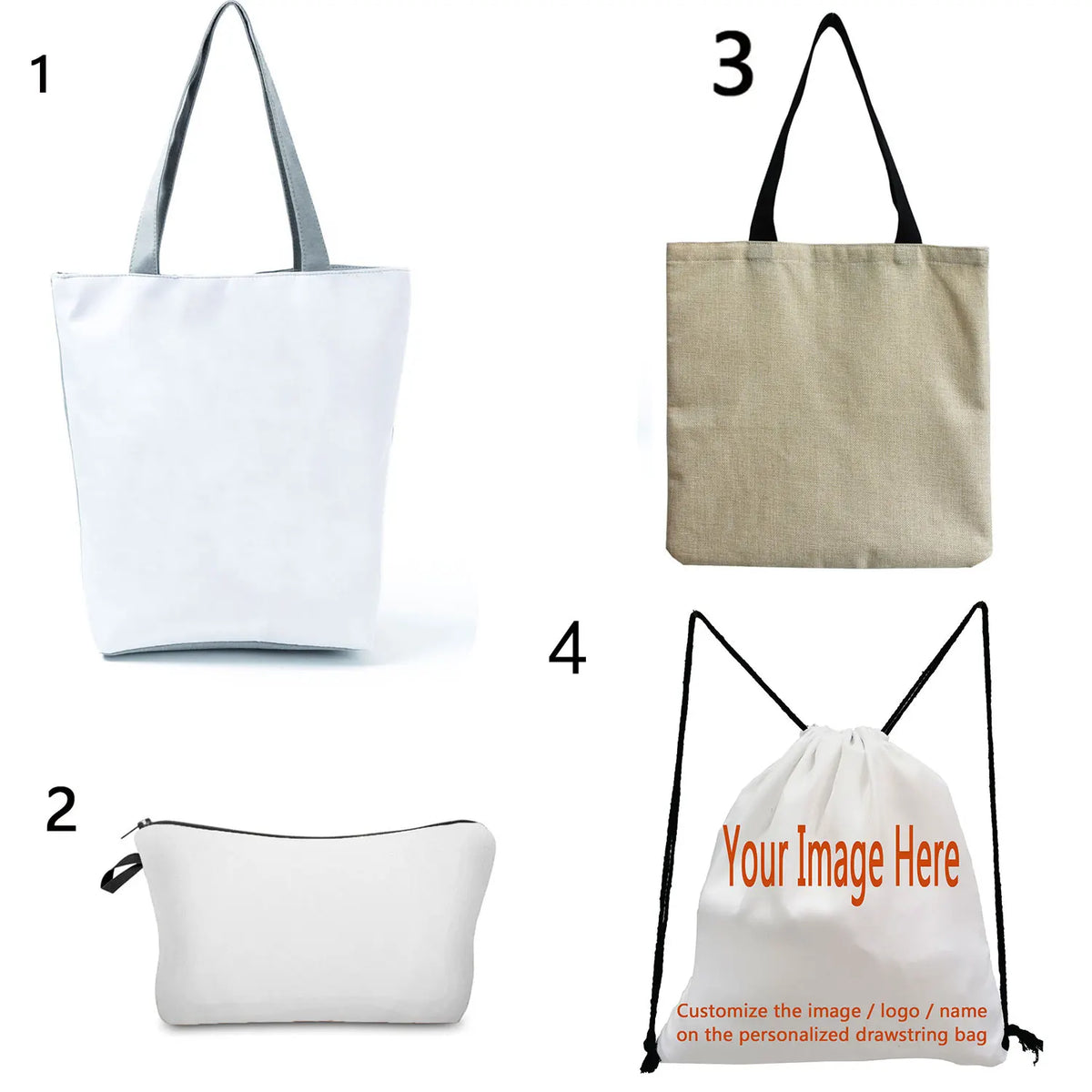 Four views of a personalized drawstring bag in white and beige fabric for cosmetic storage