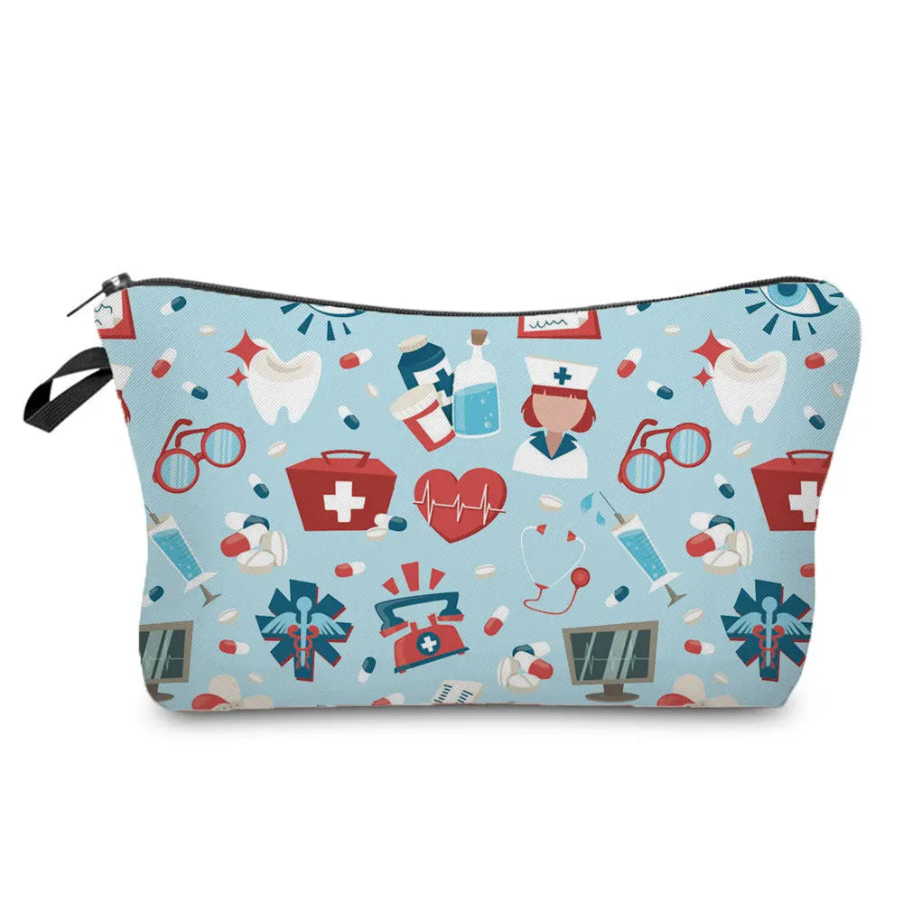 A light blue patterned cosmetic storage pouch with a zipper, featuring medical and heart motifs.
