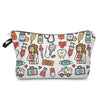 A patterned cosmetic storage pouch featuring various makeup and travel-related items like tubes, bottles, and tools.