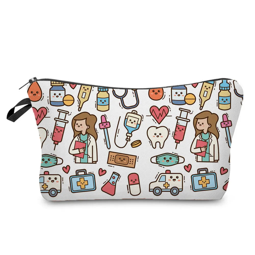 A patterned cosmetic storage pouch featuring various makeup and travel-related items like tubes, bottles, and tools.