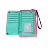 A mint green and pink fold wallet with a cartoon pattern and a black strap.