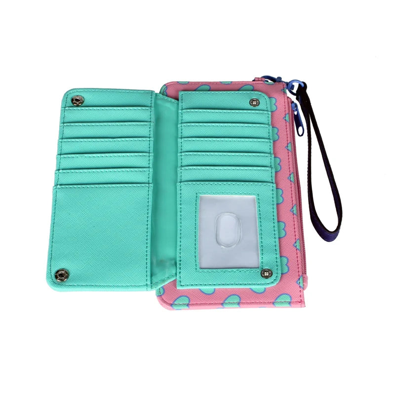 A mint green and pink fold wallet with a cartoon pattern and a black strap.