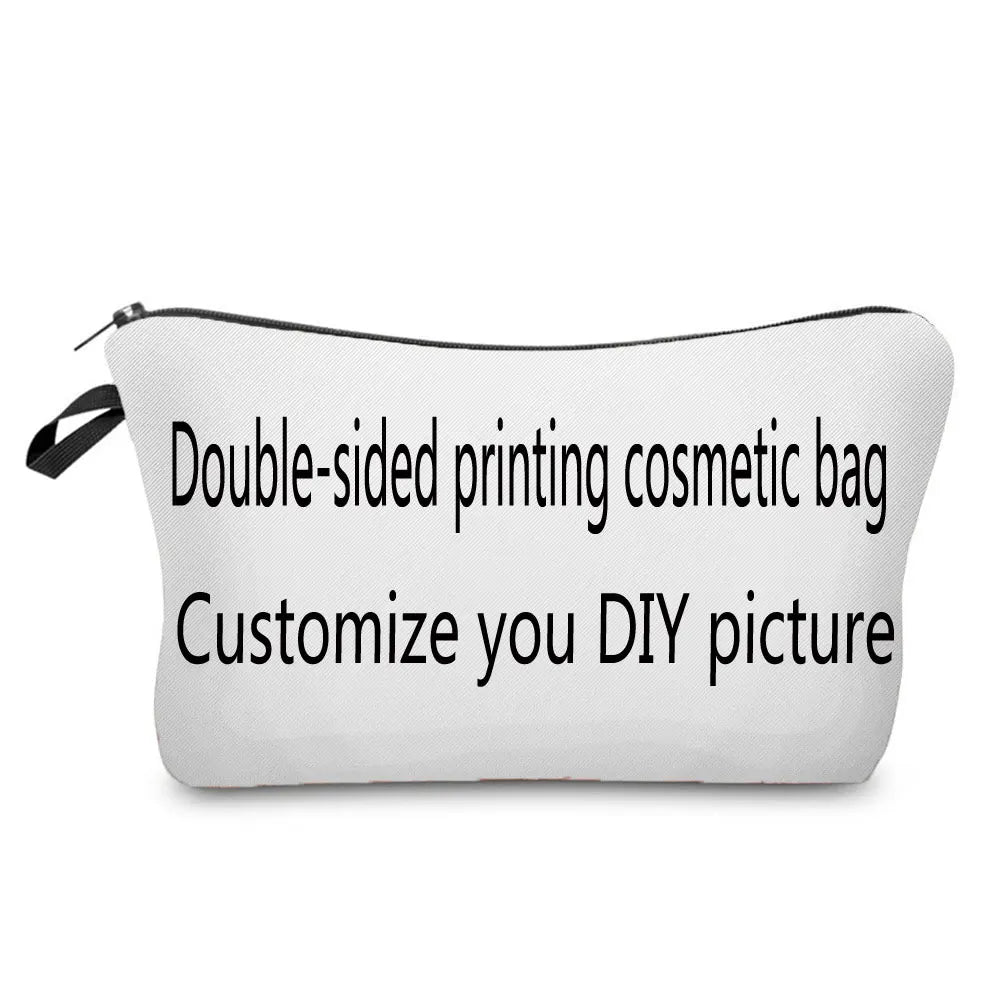 A white double-sided printing cosmetic bag with a black strap, designed to be customized.