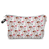 A patterned cosmetic storage pouch featuring illustrations of women with various facial features and makeup items.