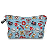 A patterned cosmetic storage pouch featuring various medical symbols like plus signs, hearts, and syringes on a light blue ba