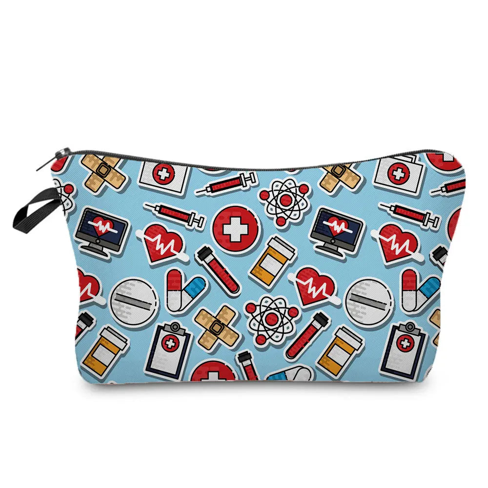 A patterned cosmetic storage pouch featuring various medical symbols like plus signs, hearts, and syringes on a light blue ba