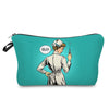 A teal cosmetic storage pouch featuring a vintage-style illustration of a woman in a white outfit looking intently at a gun.