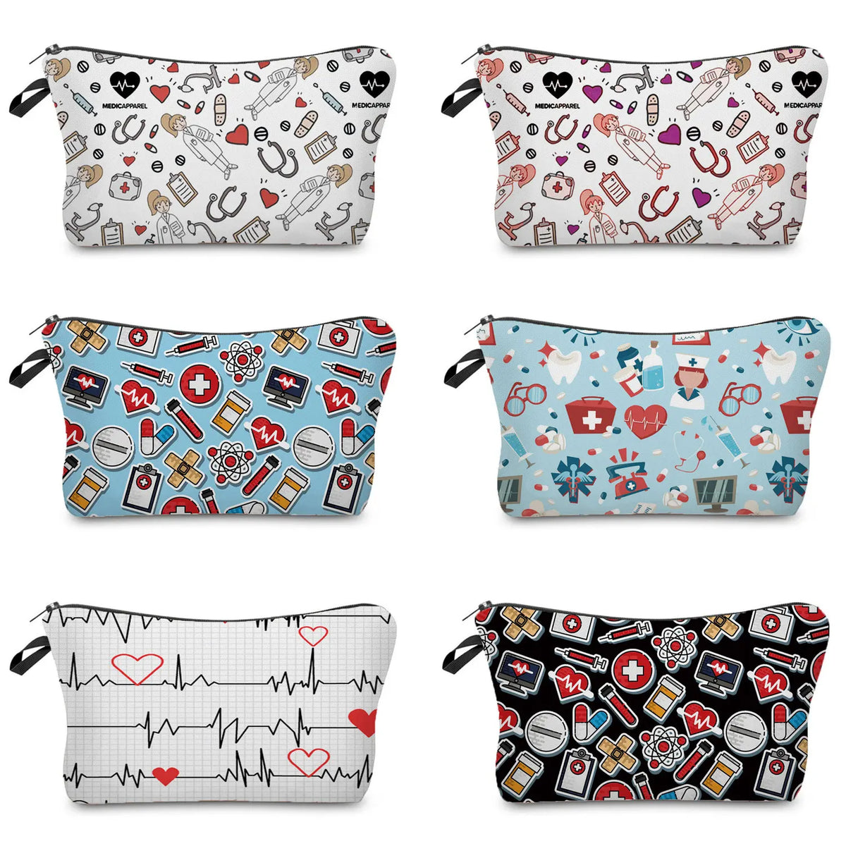 A collection of patterned cosmetic storage pouches featuring various designs and themes for makeup and travel.