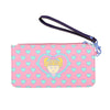 A pink fold wallet featuring a pattern of light blue hearts and a cartoon girl face.